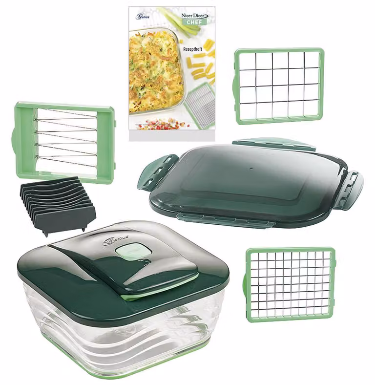 Set de cortador de verduras Genius Nicer Dicer Chef de 9 piezas en verde y transparente con cuchillas de acero inoxidable y mandolina