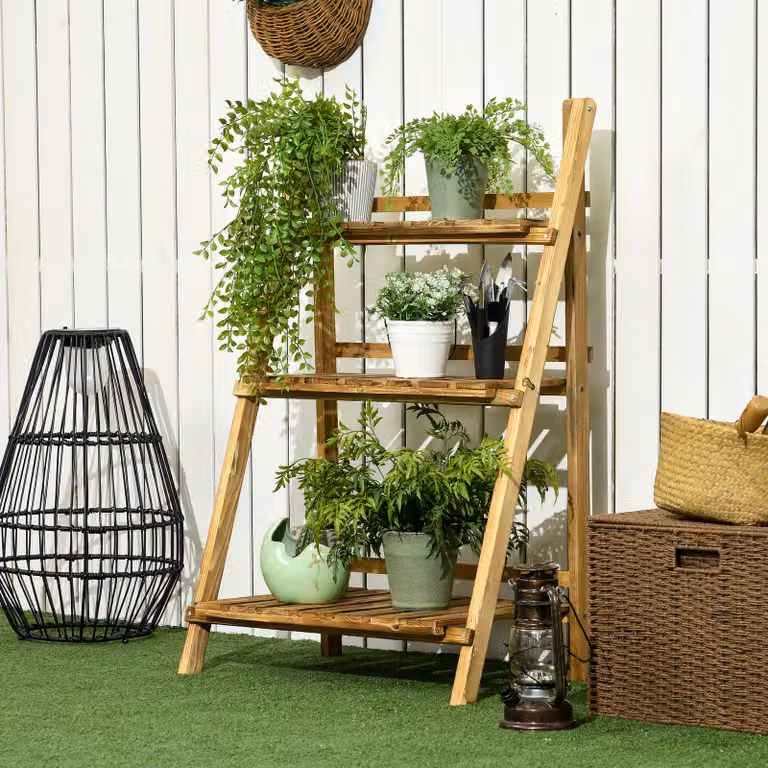 Outsunny Soporte para plantas de madera de 3 niveles plegable, color marrón, An/P/Al: 60 x 37 x 93 cm