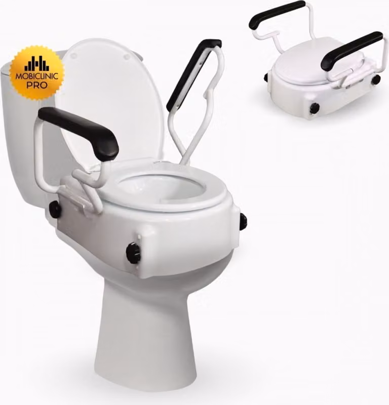 Asiento de inodoro elevador Mobiclinic con tapa y reposabrazos plegables, ajustable en 3 alturas, color blanco, Altura: 19 cm