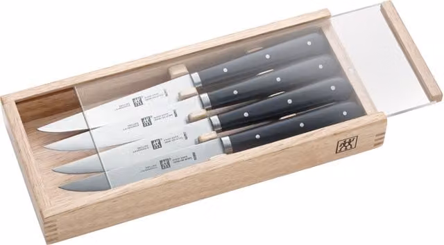 Juego de 4 cuchillos para carne Zwilling en acero inoxidable con mango negro y bandeja para cajón