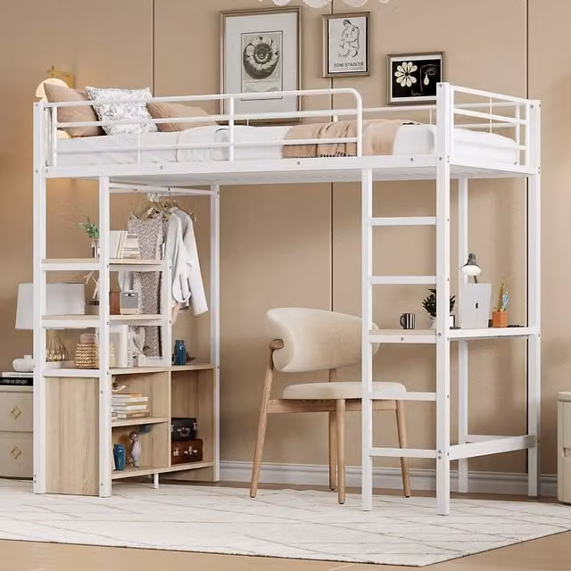 Cama altillo moderna MODERNLUXE de metal y MDF con escritorio y puertos USB, color blanco, An/P/Al: 90 x 200 x 180 cm