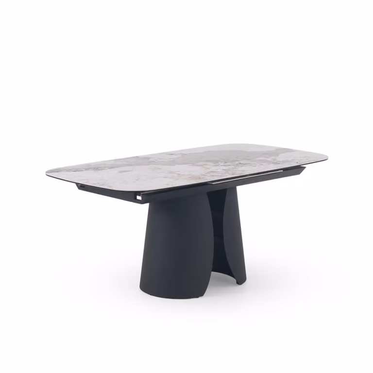 Mesa extensible de comedor GEESE HOME con sobre cerámico mate y base de columna central en blanco o negro