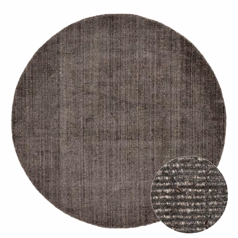 Alfombra redonda de viscosa y lana tejida a mano con diseño de rayas de Theko en color antracita y negro, Diámetro: 120 cm