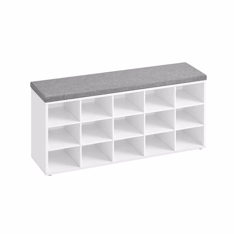 Banco zapatero VASAGLE con asiento acolchado de tela y 15 compartimentos, blanco y gris, An/P/Al: 105 x 30 x 48 cm