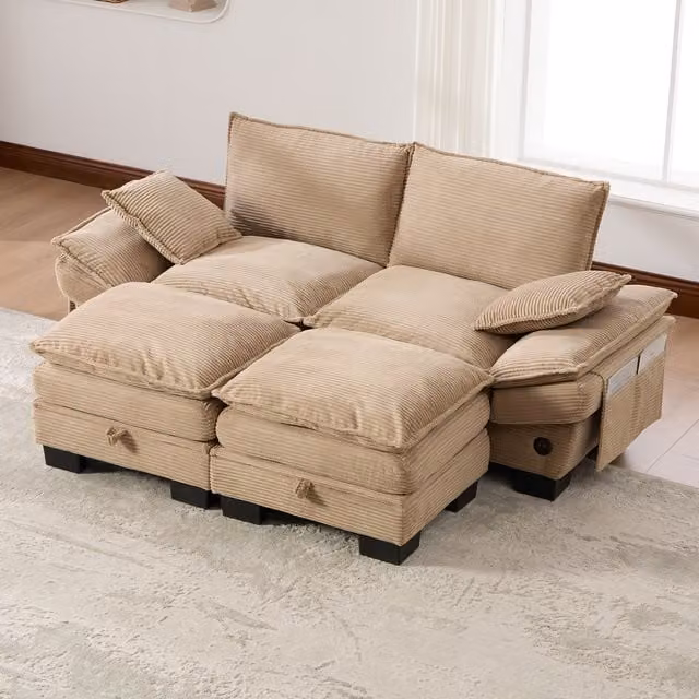 Sofá Modular de 2 Plazas Kellany en Pana Beige con 2 Otomanas, Diseño en L con Puerto USB y Acolchado de Espuma, An/P/Al: 190 x 132 x 84 cm