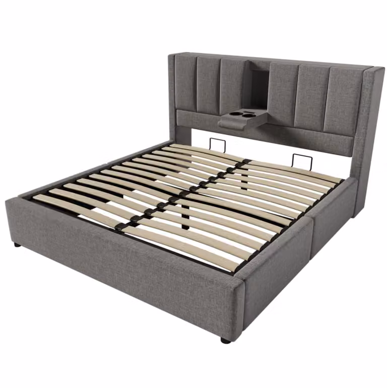 Cama de adulto MODFU tapizada en lino gris con almacenaje, puertos de carga USB y portavasos, An/P/Al: 160 x 200 cm