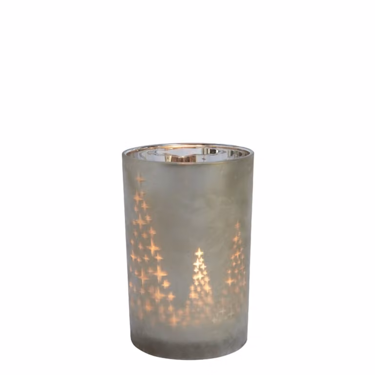 Portavelas decorativo de vidrio esmerilado Sia Deco en gris y oro con diseño geométrico redondo de 18 cm de altura