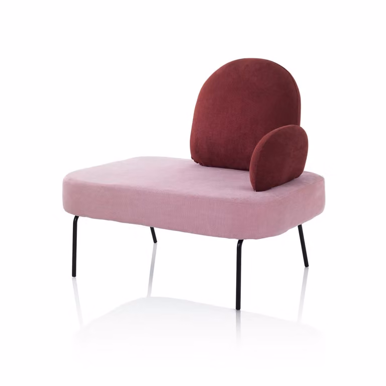 Banco moderno de metal y tela AQA DESIGN en colores rosa y burdeos para comedor