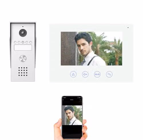 Videocitofono KYF con conexión Wi-Fi, pantalla táctil de 7 pulgadas y sistema de 2 hilos en color blanco