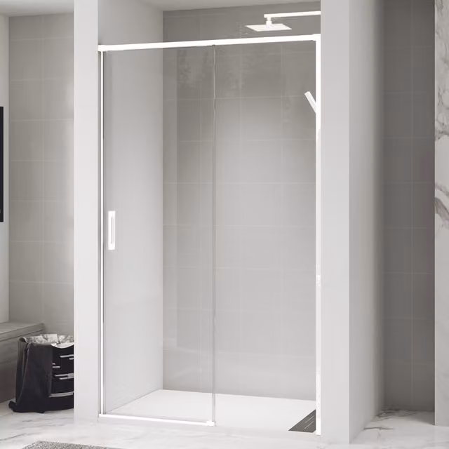 Mampara de ducha frontal BAÑO TOTAL con una puerta corredera y un panel fijo, vidrio de 6 mm antical transparente y perfil blanco, An: 100 cm, Al: 195 cm
