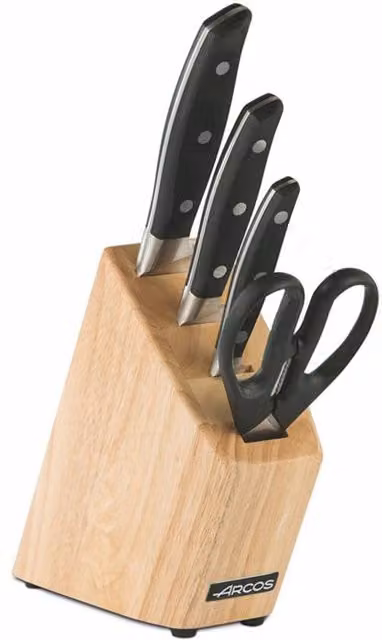Juego de cocina Arcos Manhattan de 4 piezas con tijeras y taco de madera en acero inoxidable y negro
