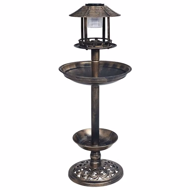 Bebedero decorativo para pájaros con luces LED solares vidaXL en color bronce y marrón de plástico