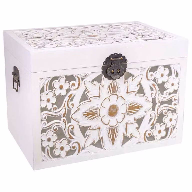 Baúl de madera Wanderlust deco con diseño floral shabby chic en blanco y dorado, An/P/Al: 60 x 40 x 42 cm