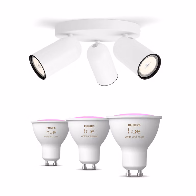 Pack Philips Hue con 3 focos Pongee blancos y 3 bombillas LED GU10 RGB