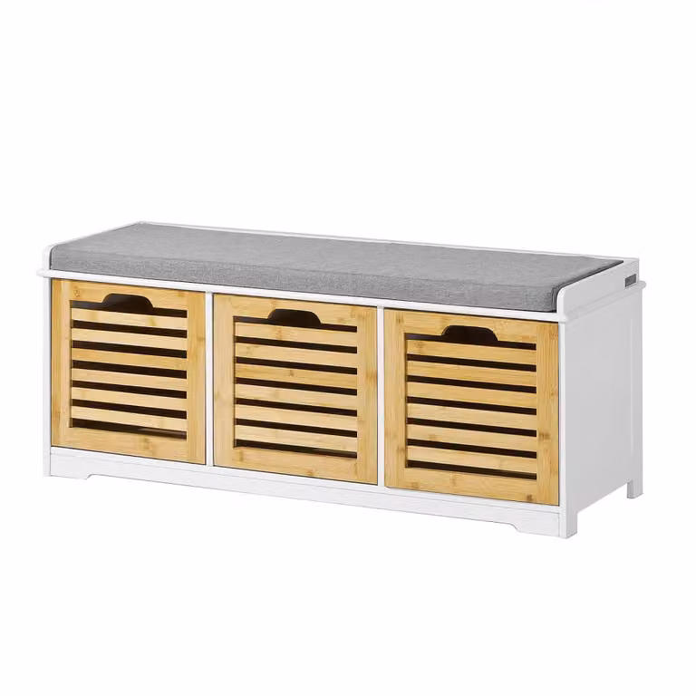 Banco zapatero SoBuy con 3 cubos y cojines acolchados en estilo escandinavo color marrón y blanco