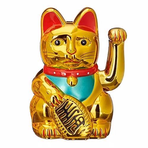 Maneki Neko de Relaxdays, Gato de la Suerte Oriental en Color Dorado, Plástico, Altura: 16 cm