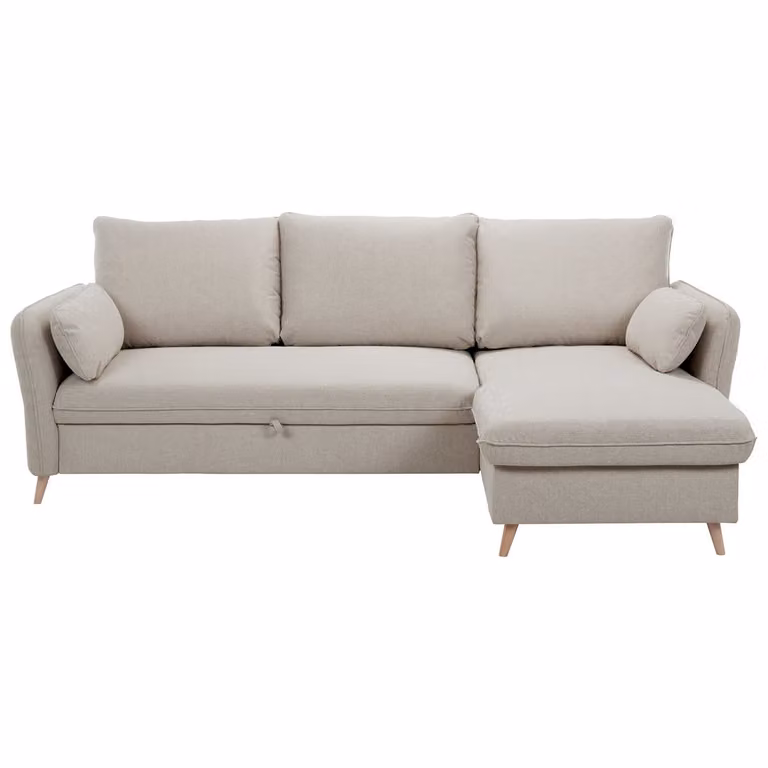 Sofá esquinero convertible y reversible Miliboo DRISS de 3 a 4 plazas con arcón, tejido beige y madera clara, An/P/Al: 241 x 159,5 x 107,39 cm