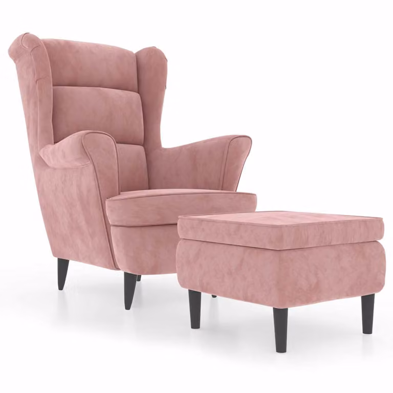 Sillón orejero con taburete de terciopelo rosa vidaXL con estructura de madera y reposabrazos