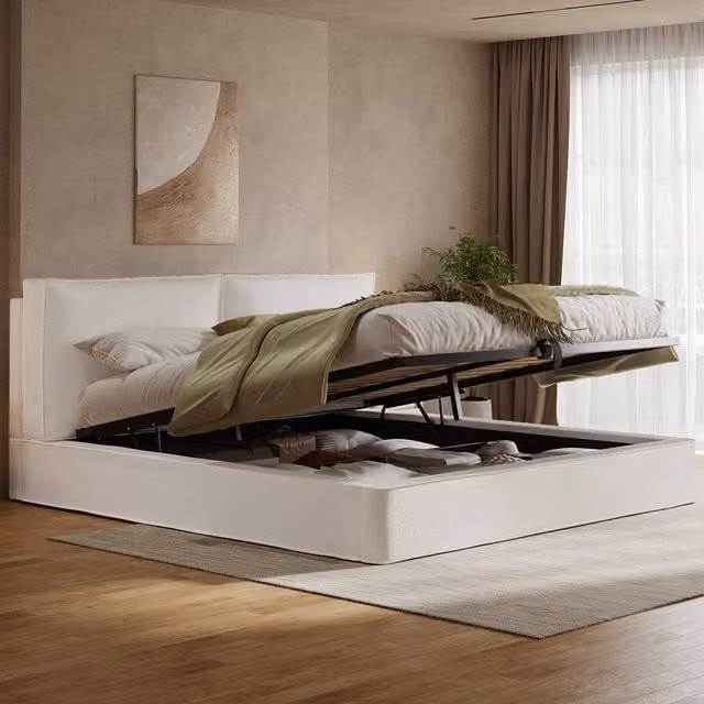 Cama arcón MODFU para adultos con almacenamiento hidráulico, cabecero alto y tapicería en tela bouclé beige, An/P/Al: 180 x 200 x 105 cm