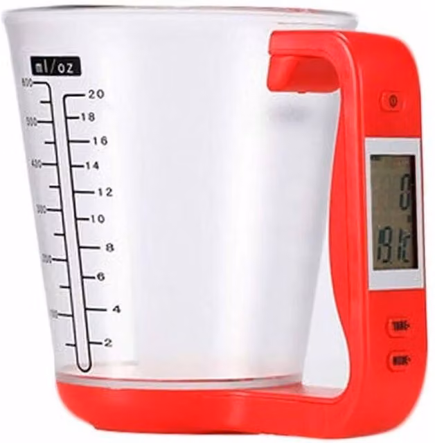 Taza medidora digital con báscula de cocina XISRENS con pantalla digital y función de tara en negro y rojo