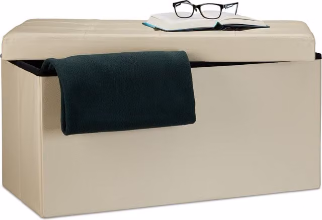 Banco baúl plegable de polipiel para 2 plazas con almacenaje relaxdays, color beige, An/P/Al: 76 x 38 x 38 cm