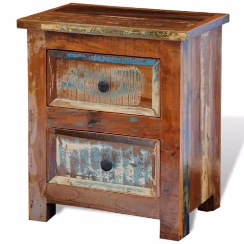 Mesita de noche Helloshop26 con 2 cajones de madera maciza reciclada en color marrón estilo antiguo