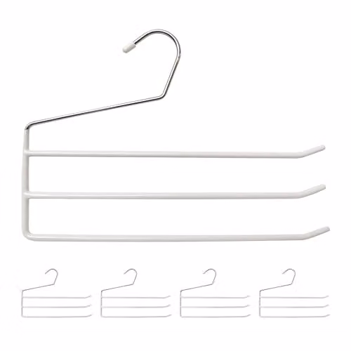 Pack de 5 perchas múltiples para pantalones y faldas Relaxdays, con 3 barras antideslizantes de metal y plástico, An/P/Al: 33,5 x 33,5 x 0,5 cm, blanco