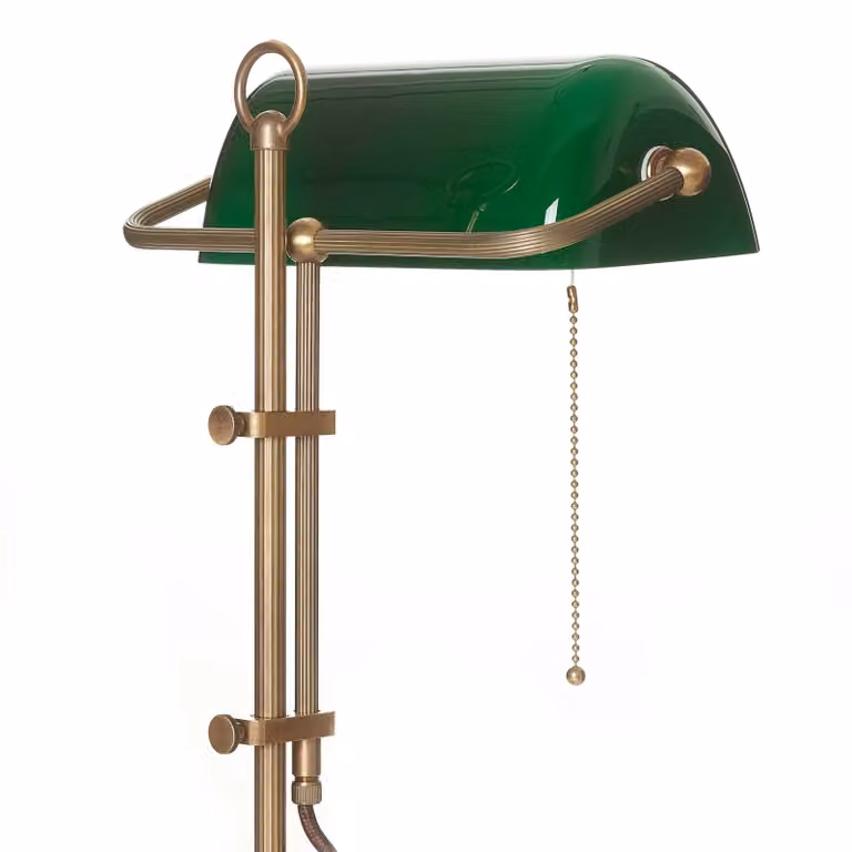 Lámpara de mesa TULSI de Berliner Messinglampen en color verde y latón con pantalla de vidrio de estilo clásico para salón o comedor