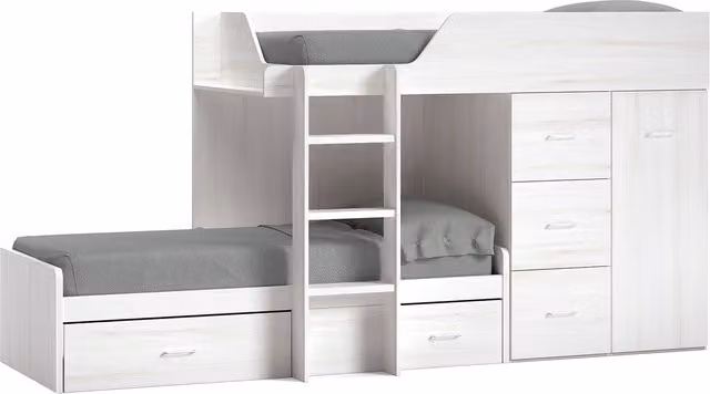 Cama tren con armario y cajones Noel de El Corte Inglés para niños en color blanco y beige, An/P: 90 x 190 cm