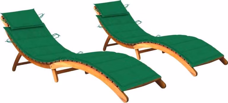 Set de 2 tumbonas Syfax de madera de acacia aceitada con cojines verdes para jardín o terraza