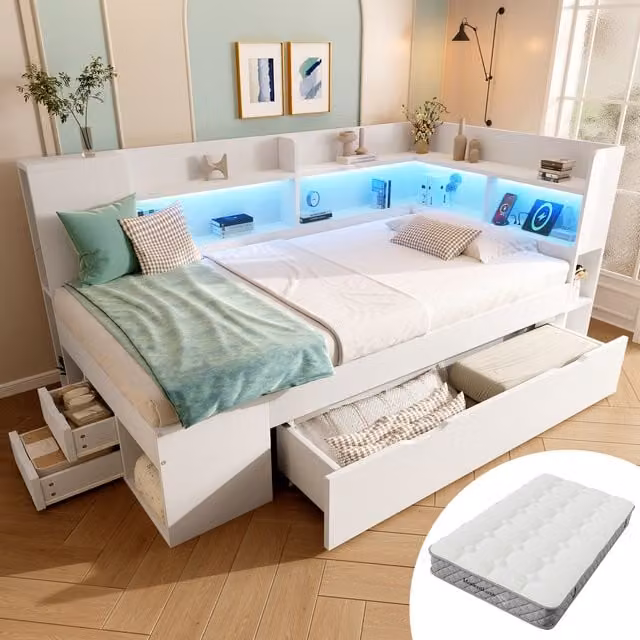 Sofá Cama Individual Kellany Blanco con Iluminación LED, Puertos USB y Tipo C, Estantes y Cajones de Almacenamiento, An/P/Al: 90 x 200 x 112 cm