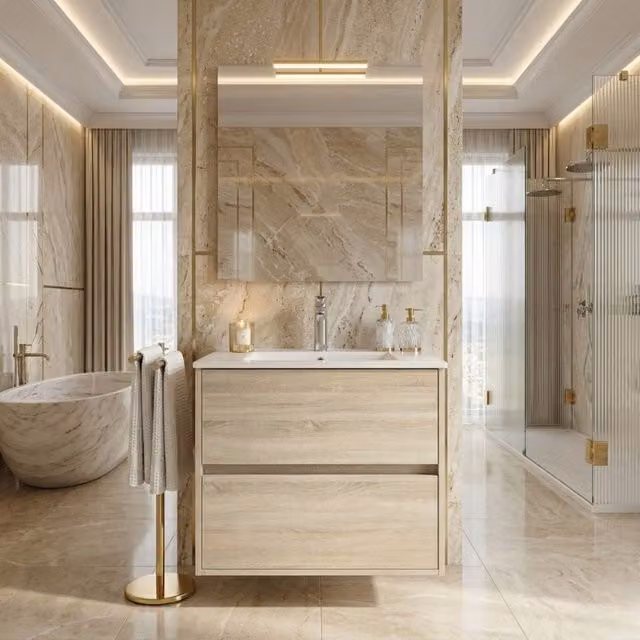Mueble de baño suspendido BB BUYBATH en acabado roble con cajones y lavabo, iluminación LED y cierre suave, color beige y marrón