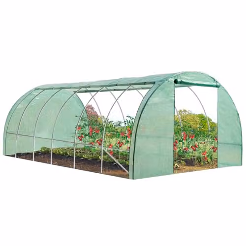 Invernadero de jardín túnel IDMarket de 18 m² en acero galvanizado y lona UV verde con puerta y ventanas, An/P/Al: 6 x 3 x 2 m