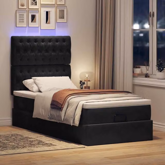Estructura de cama otomana Maison Exclusive en terciopelo negro con almacenamiento y puertos USB, An/P/Al: 100 x 203 x 118 cm