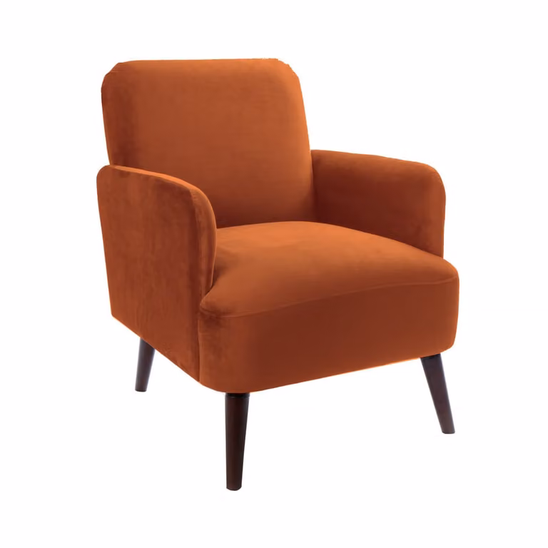 Sillón retro de terciopelo naranja con estructura de madera y reposabrazos para salón o dormitorio
