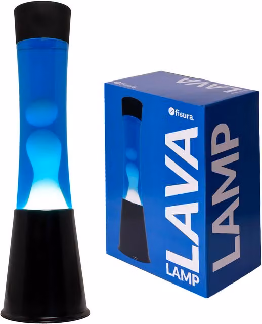 Lámpara de lava Fisura Tower con base negra, cuerpo blanco y líquido azul de 41,5 cm