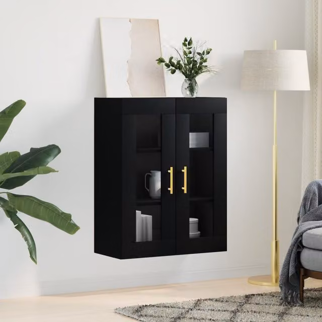 Armario de pared moderno SYFAX en color negro con puertas de cristal y estantes internos An/P/Al: 69,5 x 34 x 90 cm