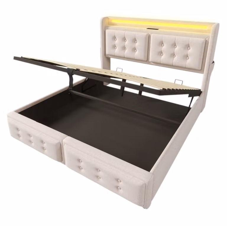 Cama tapizada MODFU con iluminación LED, puerto USB-C y almacenaje, beige, 160 x 200 cm