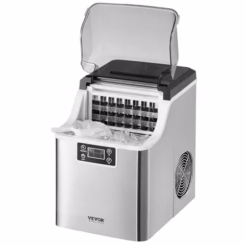 Máquina para hacer hielo de encimera VEVOR en color plata con pala y cesta, producción de 20,4 kg/24h, An/P/Al: 38,5 x 25,5 x 25,5 cm