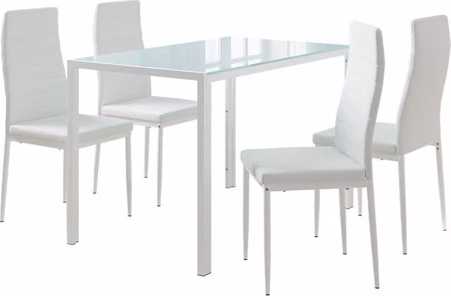 Juego de mesa de comedor Vicco Grand blanco con 4 sillas y superficie de cristal, An/P/Al: 120 x 75 x 70 cm
