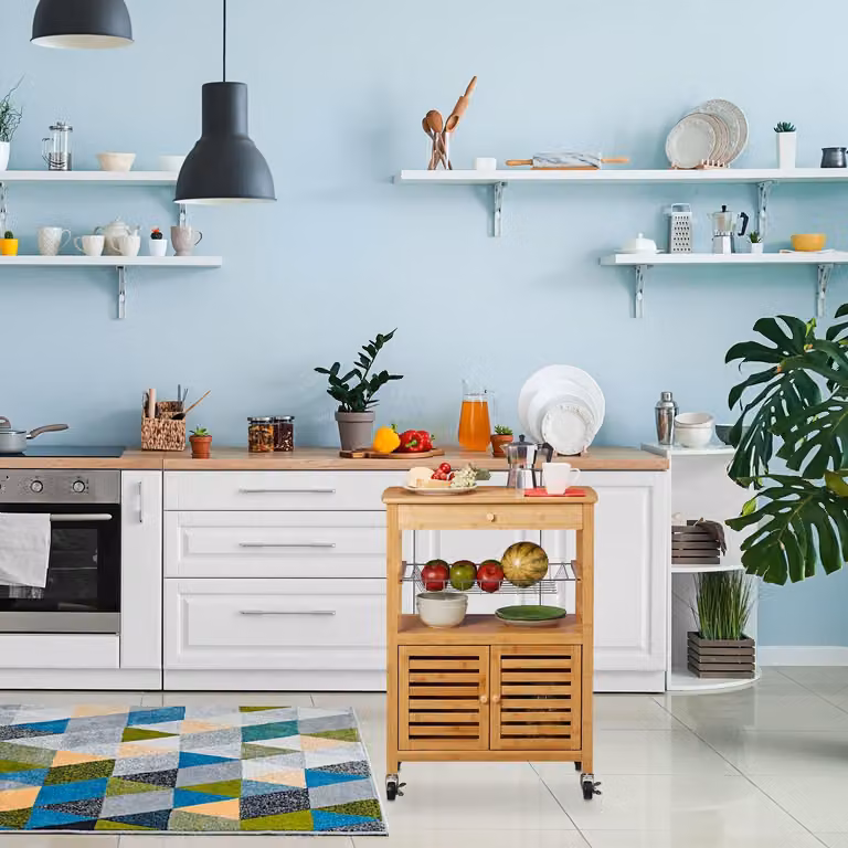 Carrito de cocina y baño Northix de bambú color marrón con ruedas y acabado mate