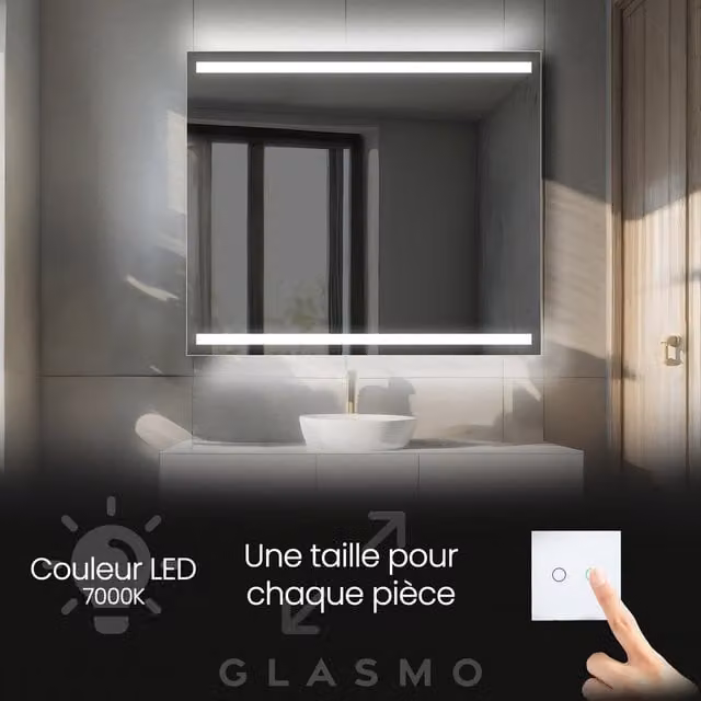 Espejo de baño LED Lucy de ARTFORMA con iluminación blanca fría 7000K, diseño rectangular moderno y montaje de pared, An/Al: 80 x 90 cm