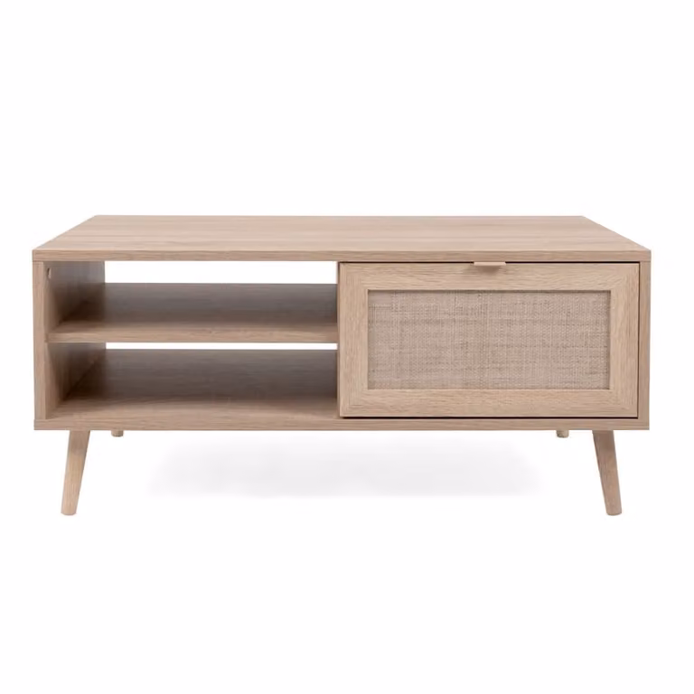 Mesa de centro rectangular Calicosy en color beige y acabado roble con diseño geométrico escandinavo