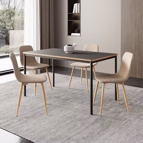 Conjunto de comedor en.casa Lindesberg con mesa rectangular y 4 sillas, color marrón claro y gris, An/P/Al: 140 x 80 x 75 cm