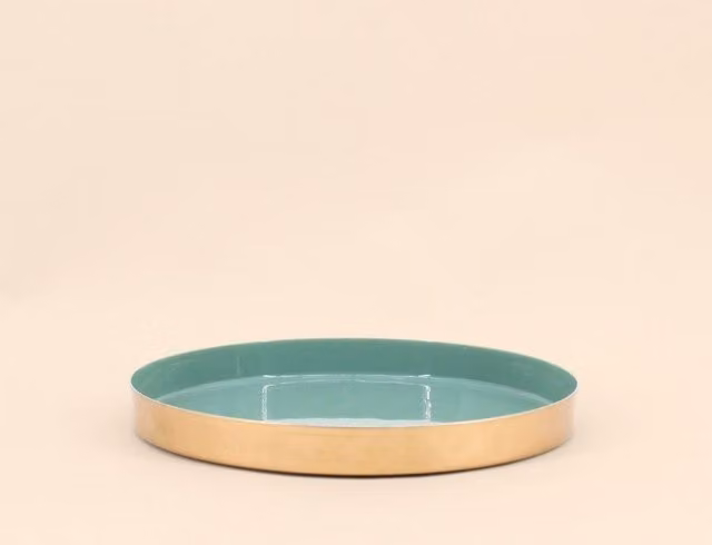 Bandeja redonda moderna ORNAMI en color verde y dorado, Diámetro: 25 cm