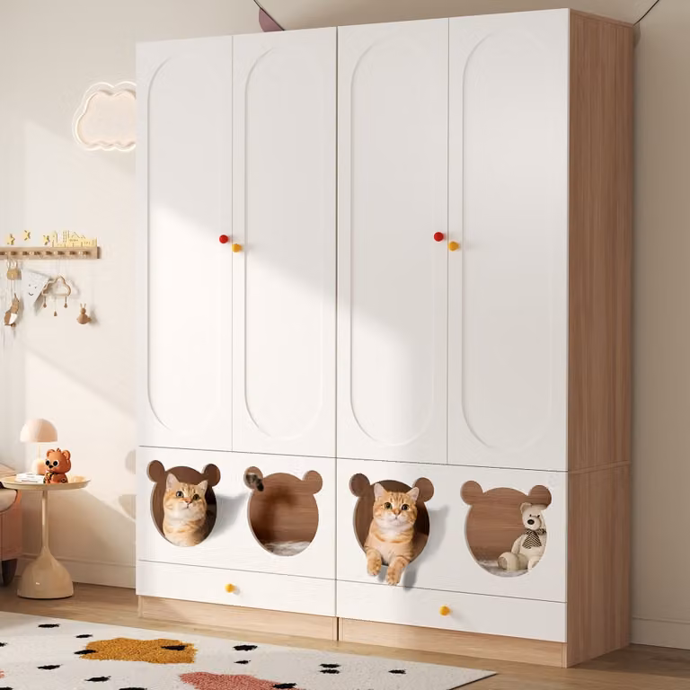Lote de 2 armarios infantiles REDOM en blanco y beige con cajones y barra, An/P/Al: 80 x 50 x 200 cm