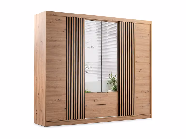 Armario de puertas correderas con espejo y cajones SIDOVIA en color beige y marrón, An: 250 cm, Al: 221 cm, P: 60 cm