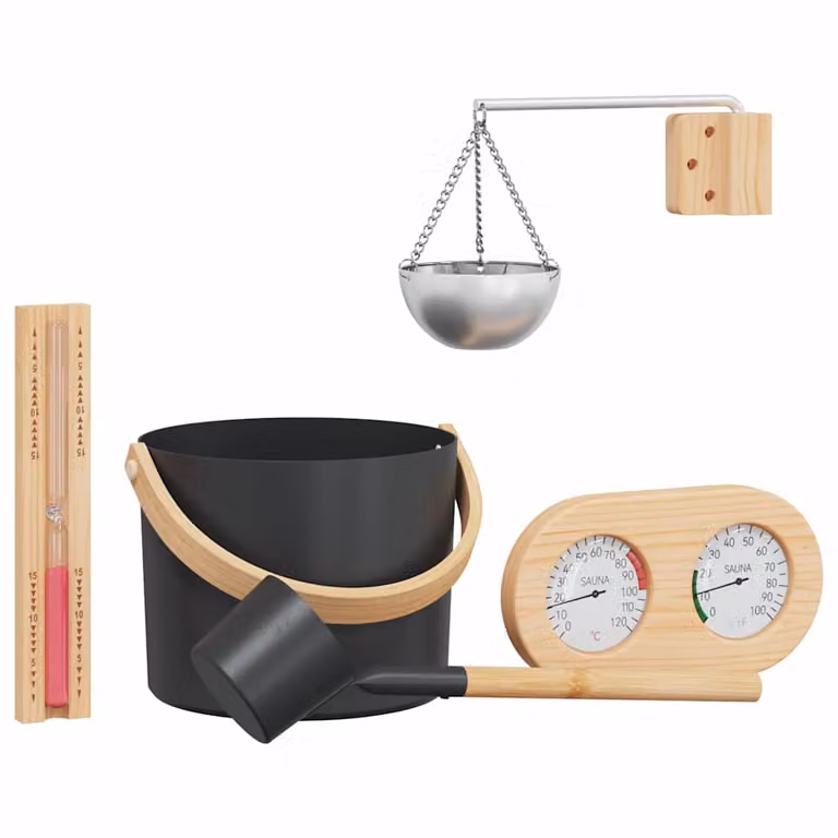 Set de 5 accesorios para sauna vidaXL con cubo y cazo en color negro y madera