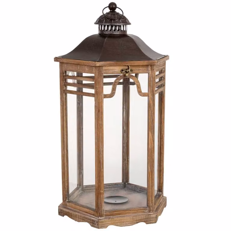 Farol decorativo rústico Wanderlust deco de madera y metal en color marrón, An/P/Al: 40.5 x 34.5 x 72.5 cm