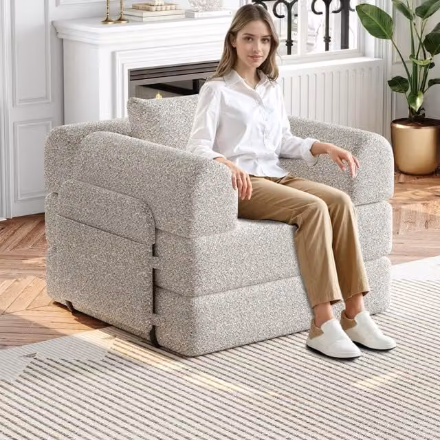 Sofá convertible de 1 plaza WISHDOR en tejido beige con estructura de metal y reposabrazos, An/P/Al: 94 x 70 x 70 cm